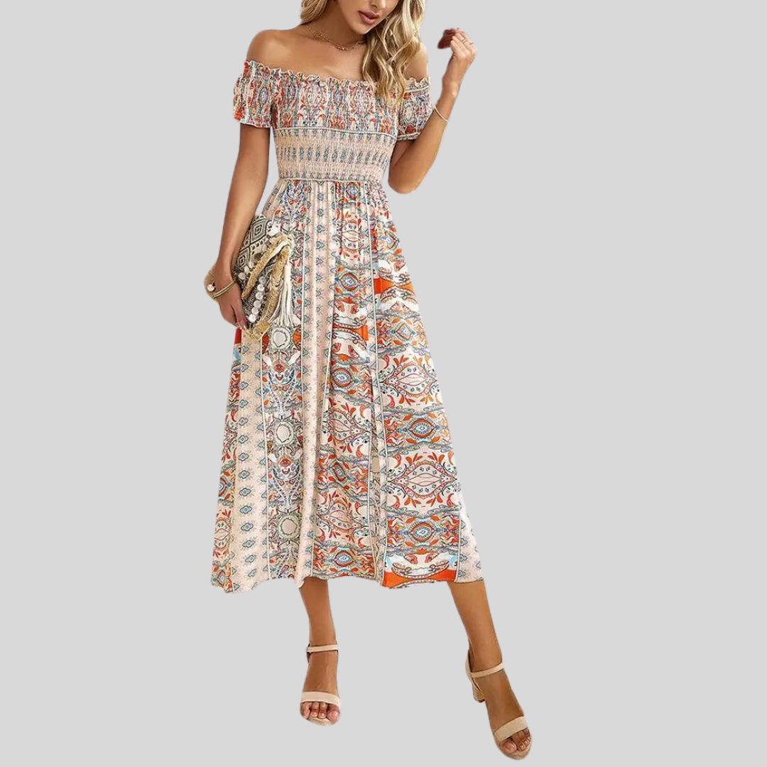 Aurora - Off-the-shoulder boho maxi dress with ruffled top