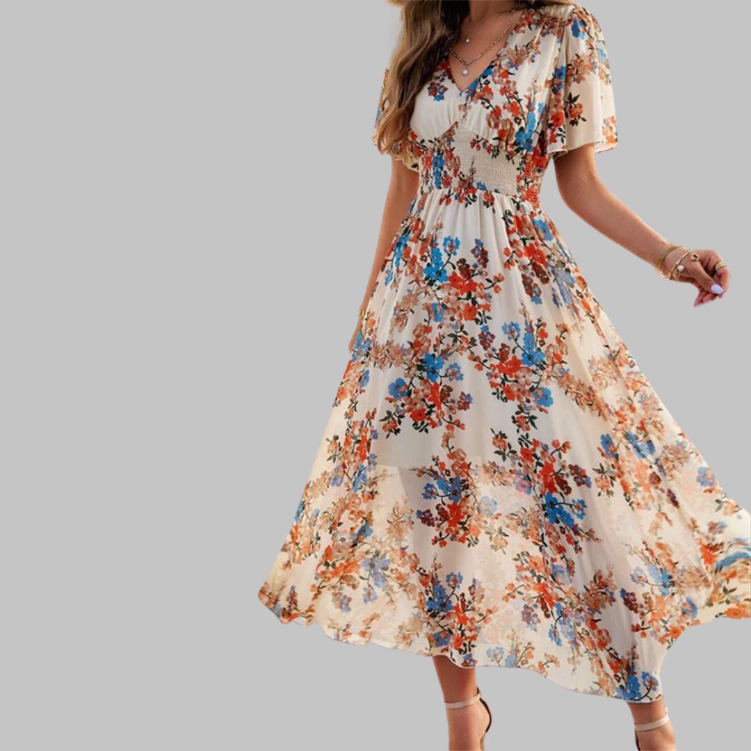 Isabella - Floral V-neck midi dress with short sleeves