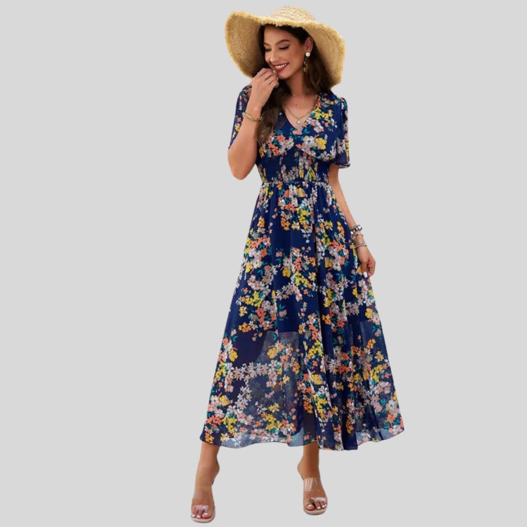 Isabella - Floral V-neck midi dress with short sleeves