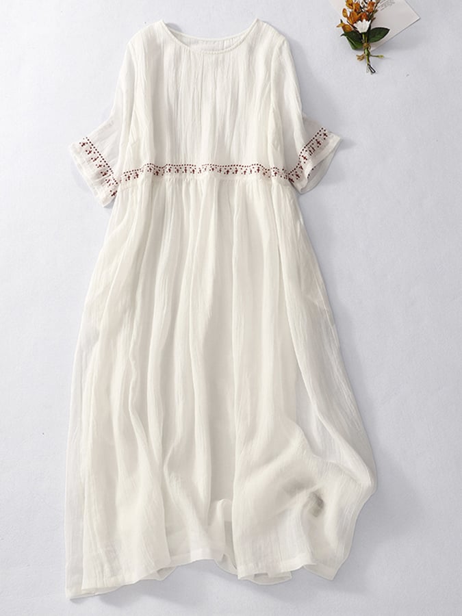 Cotton And Linen Embroidered Loose Dress