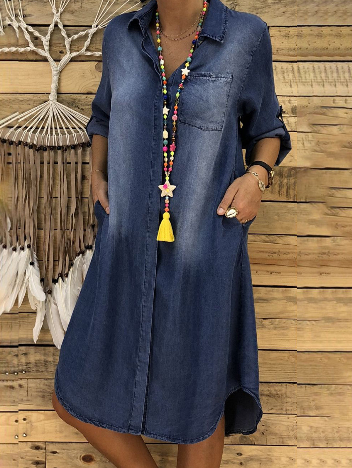 Casual Denim Solid Turndown Collar Singe Breasted Pockets Midi Dress