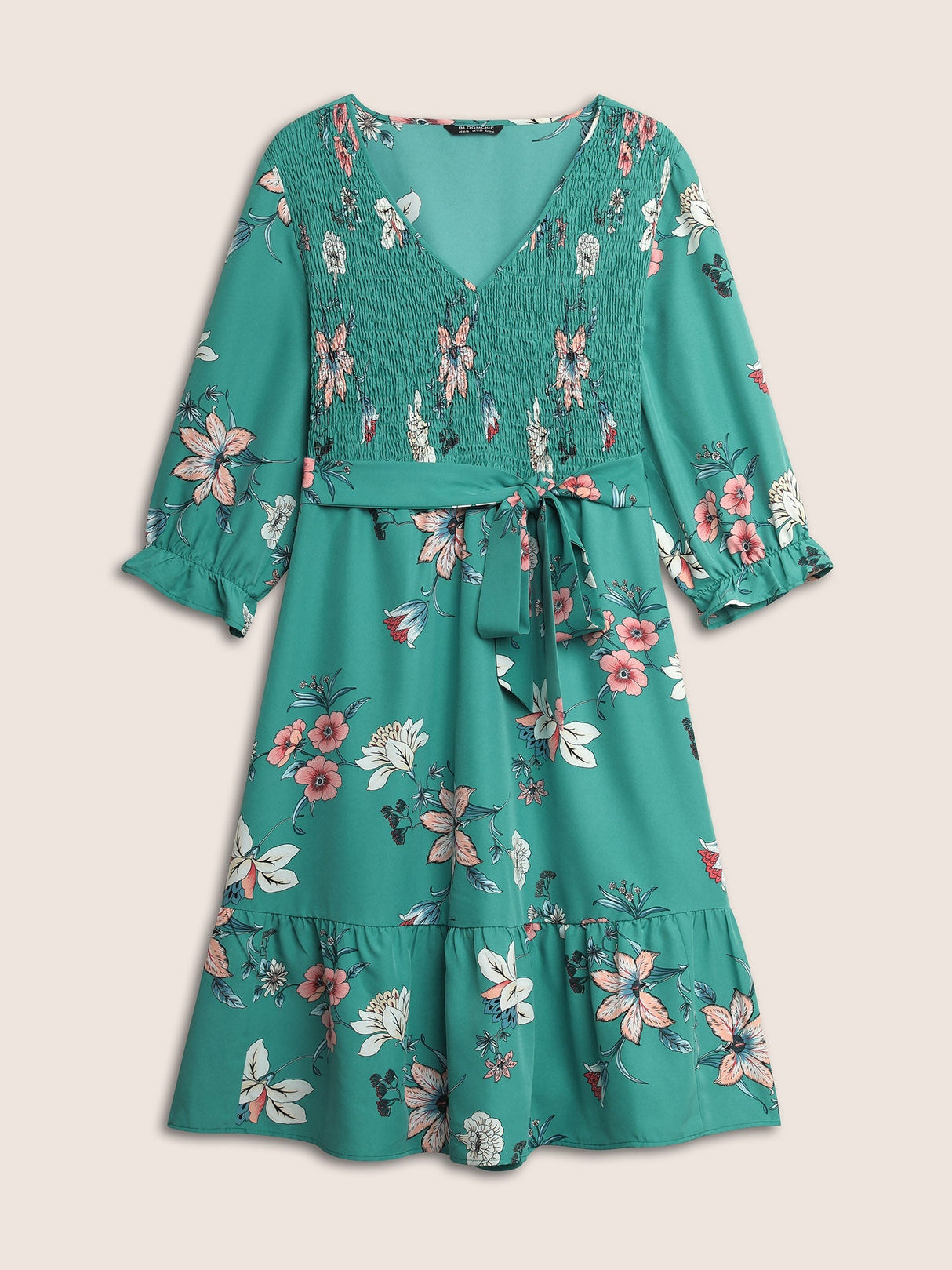 Floral Print Shirred Front Ruffle Sleeve Dress