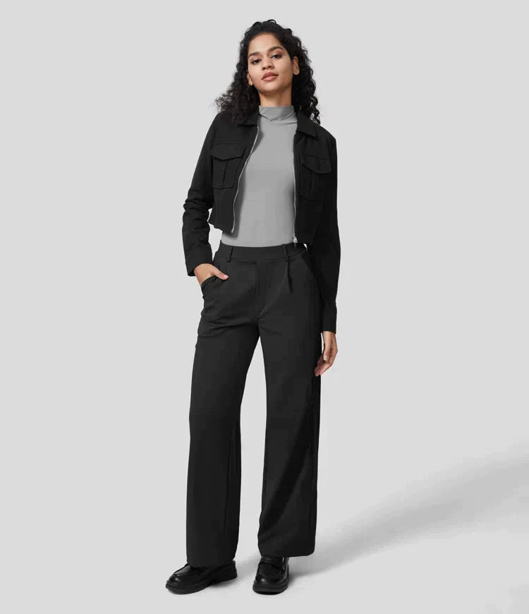 High-waisted straight leg stretch trousers