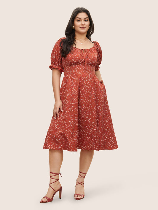 Polka Dot Ties Lantern Sleeve Gathered Dress