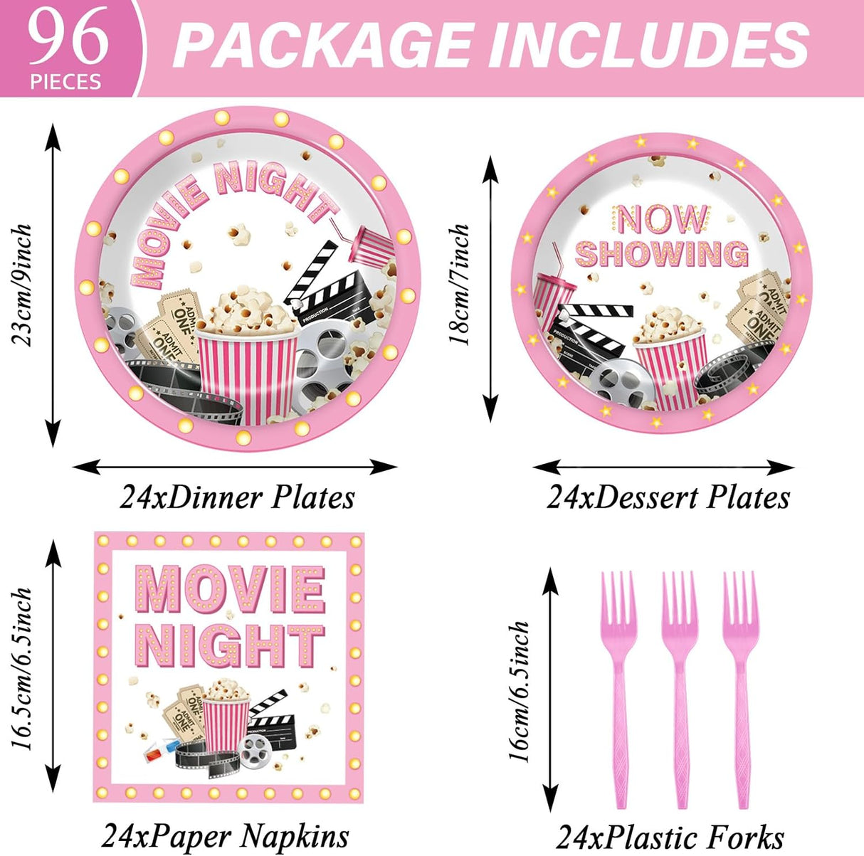 96Pcs Movie Night Party Supplies Pink Movie Birthday Plates and Napkins