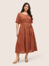 Hollow Out Belted Gathered Patchwork Hem Dress