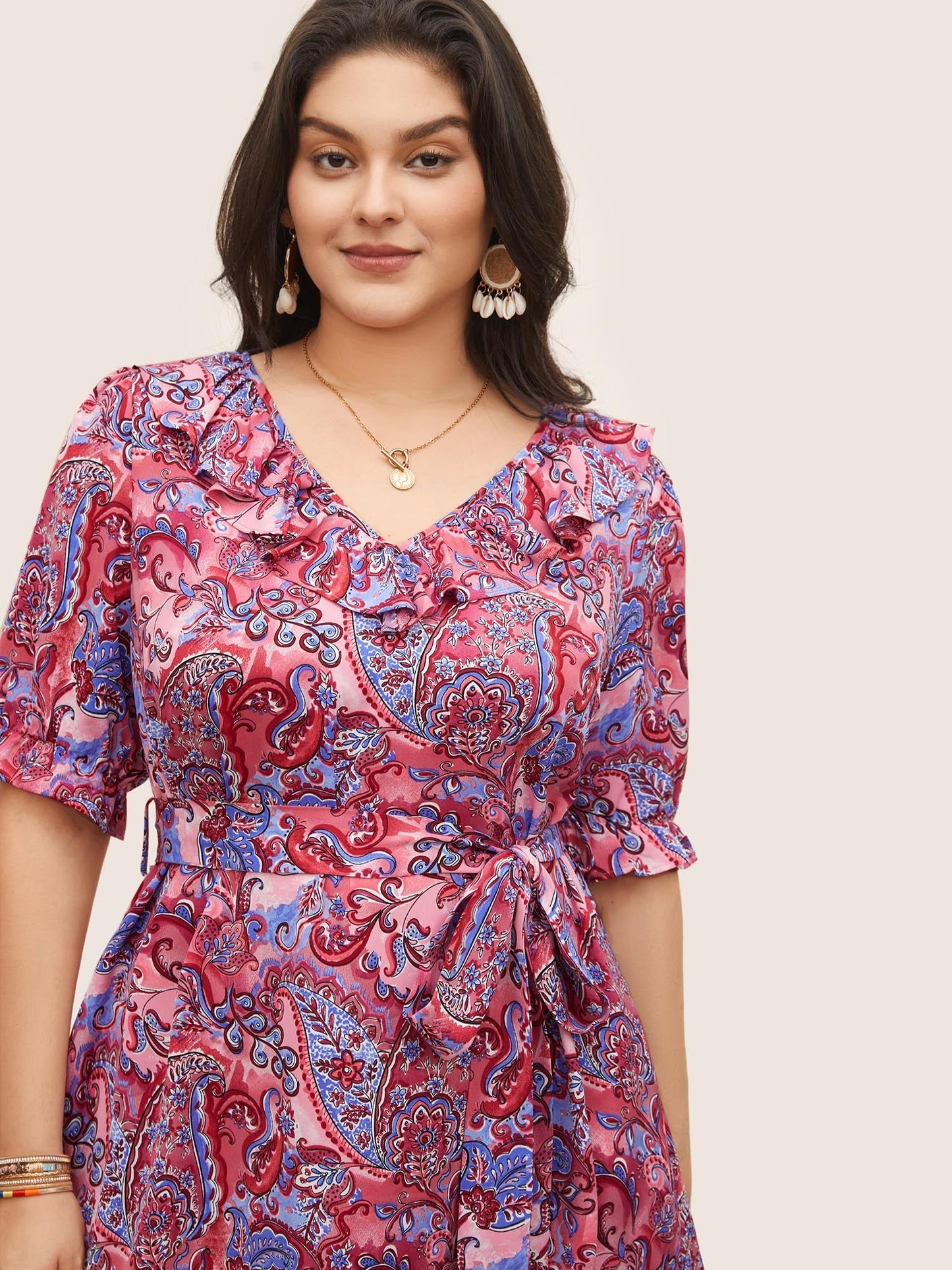 Paisley Print Belted Ruffle Trim Dress