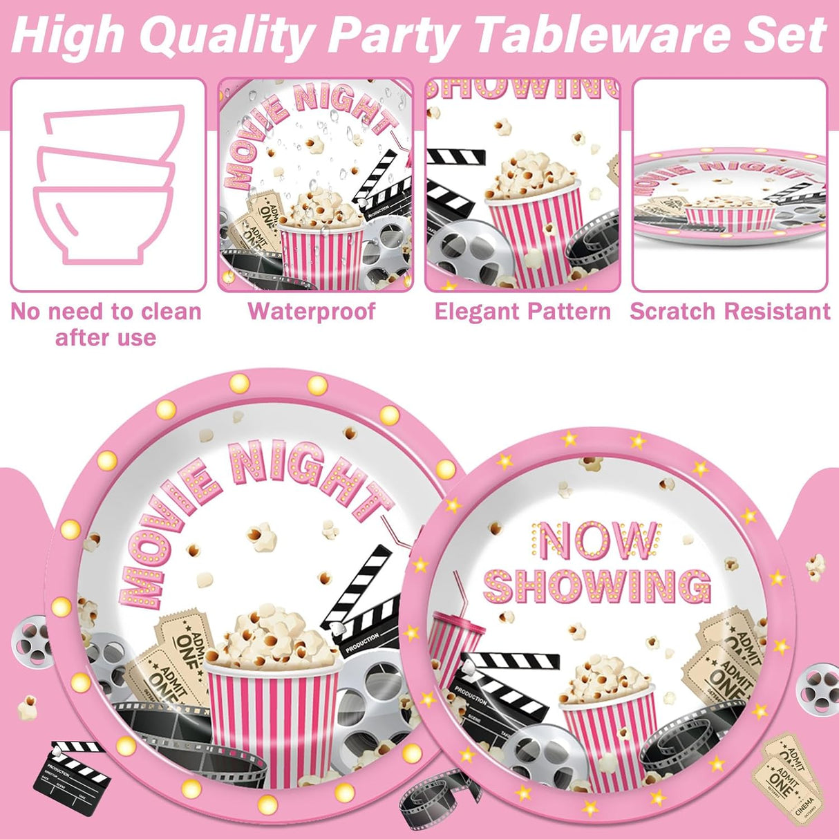 96Pcs Movie Night Party Supplies Pink Movie Birthday Plates and Napkins