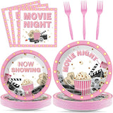 96Pcs Movie Night Party Supplies Pink Movie Birthday Plates and Napkins