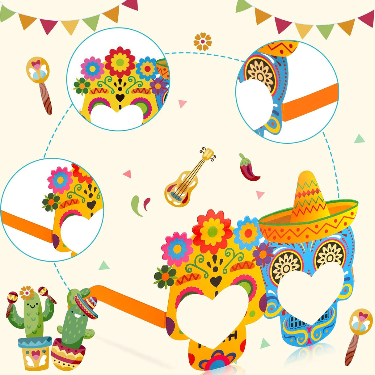 32 Pcs Mexican Fiesta Party Decorations Paper Eyeglasses