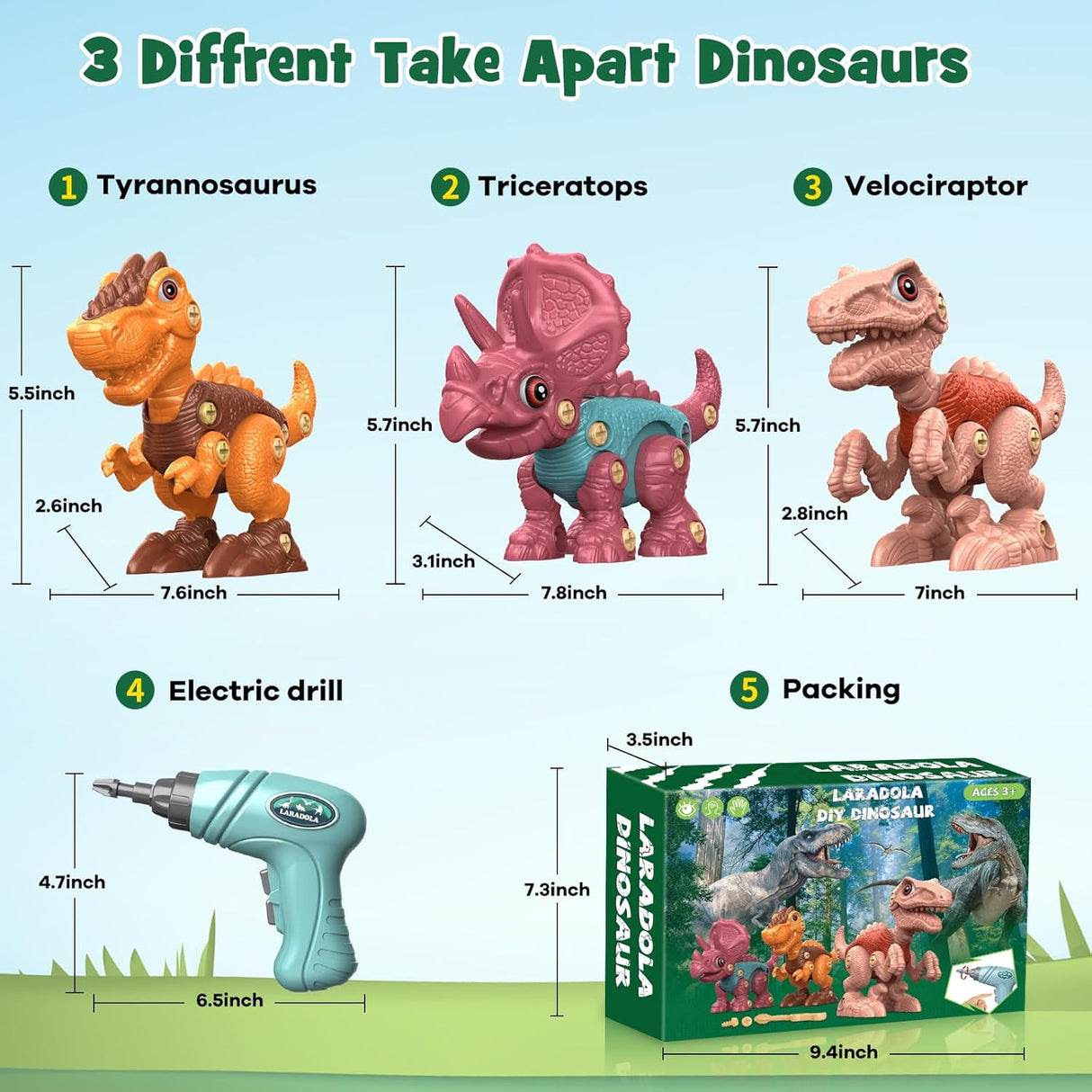 Laradola Dinosaur Toys for 3 4 5 6 7 8 Year Old Boys, Kids Take Apart STEM Construction Building Kids Toys with Electric Drill, Party Christmas Birthday Gifts Boys Girls