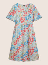 Floral Contrast Ruched Elastic Waist Dress