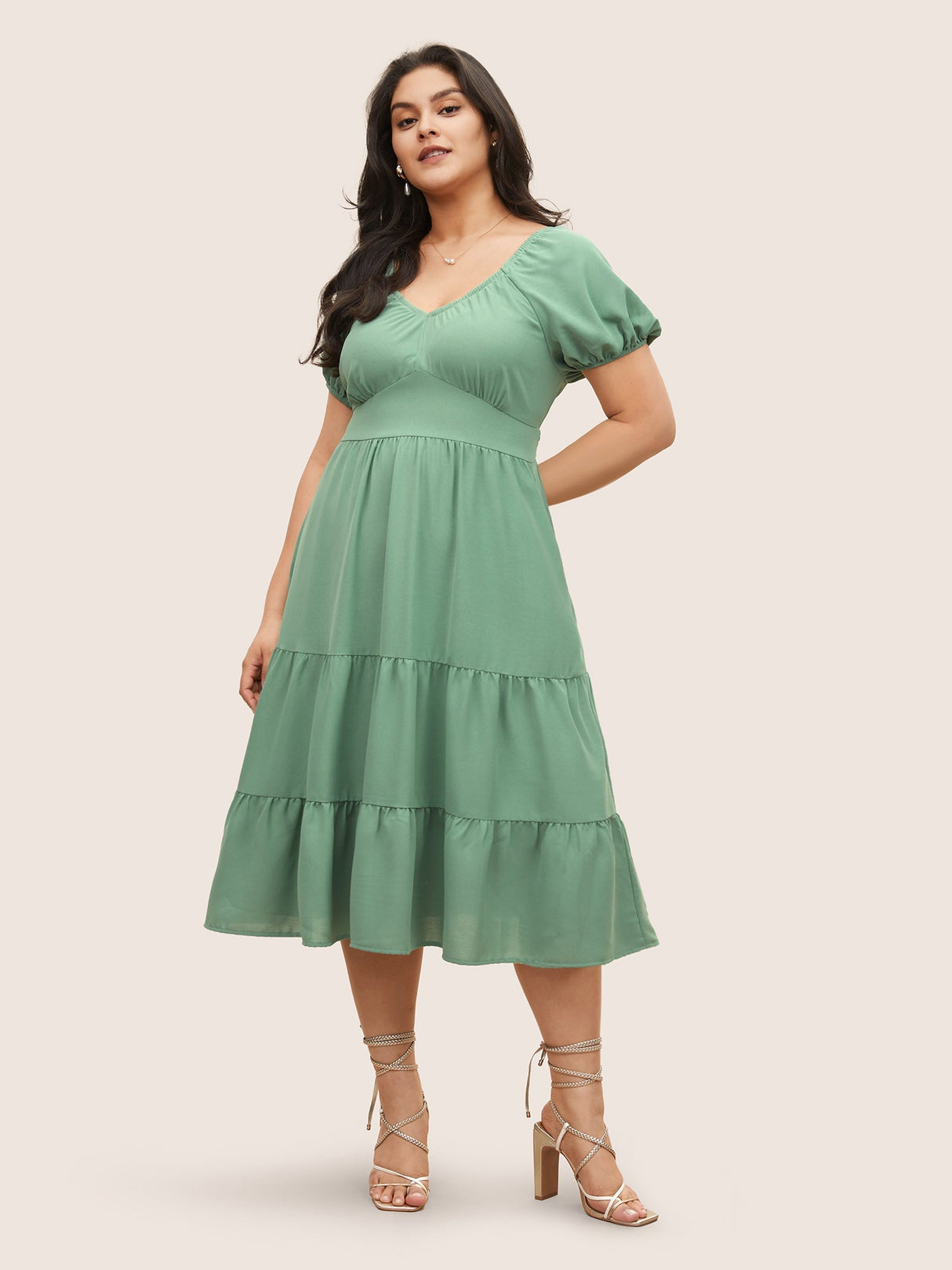 Solid Gathered Lantern Sleeve Ruffle Layered Hem Dress