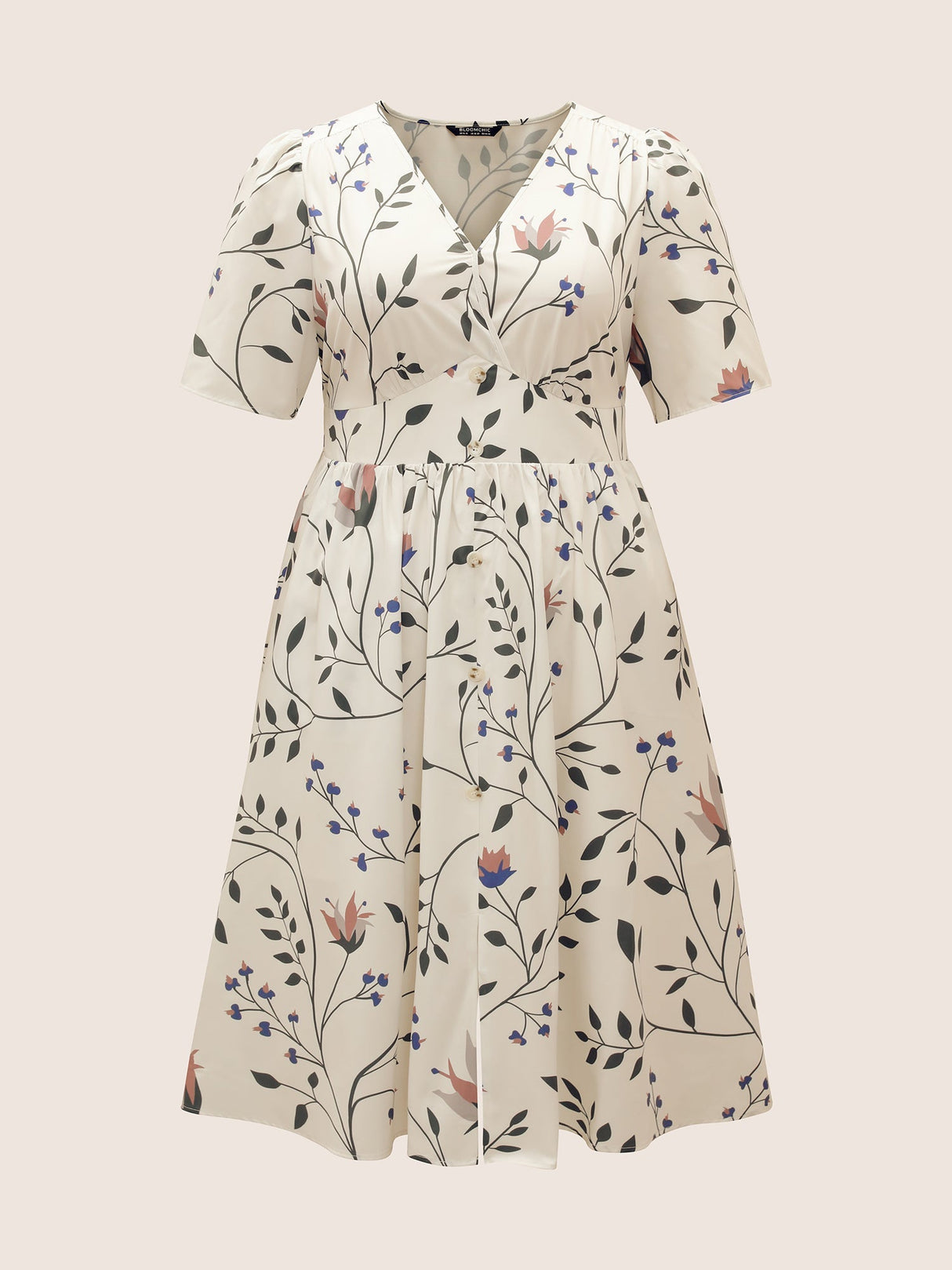 Plants Print Elastic Waist Gathered Wrap Dress