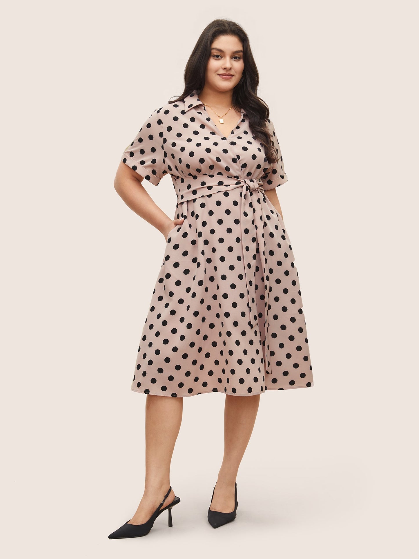 Polka Dot Elastic Waist Ties Pocket Dress