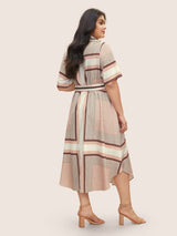 Geo Graphic Belted Curved Hem Shirt Collar Dress