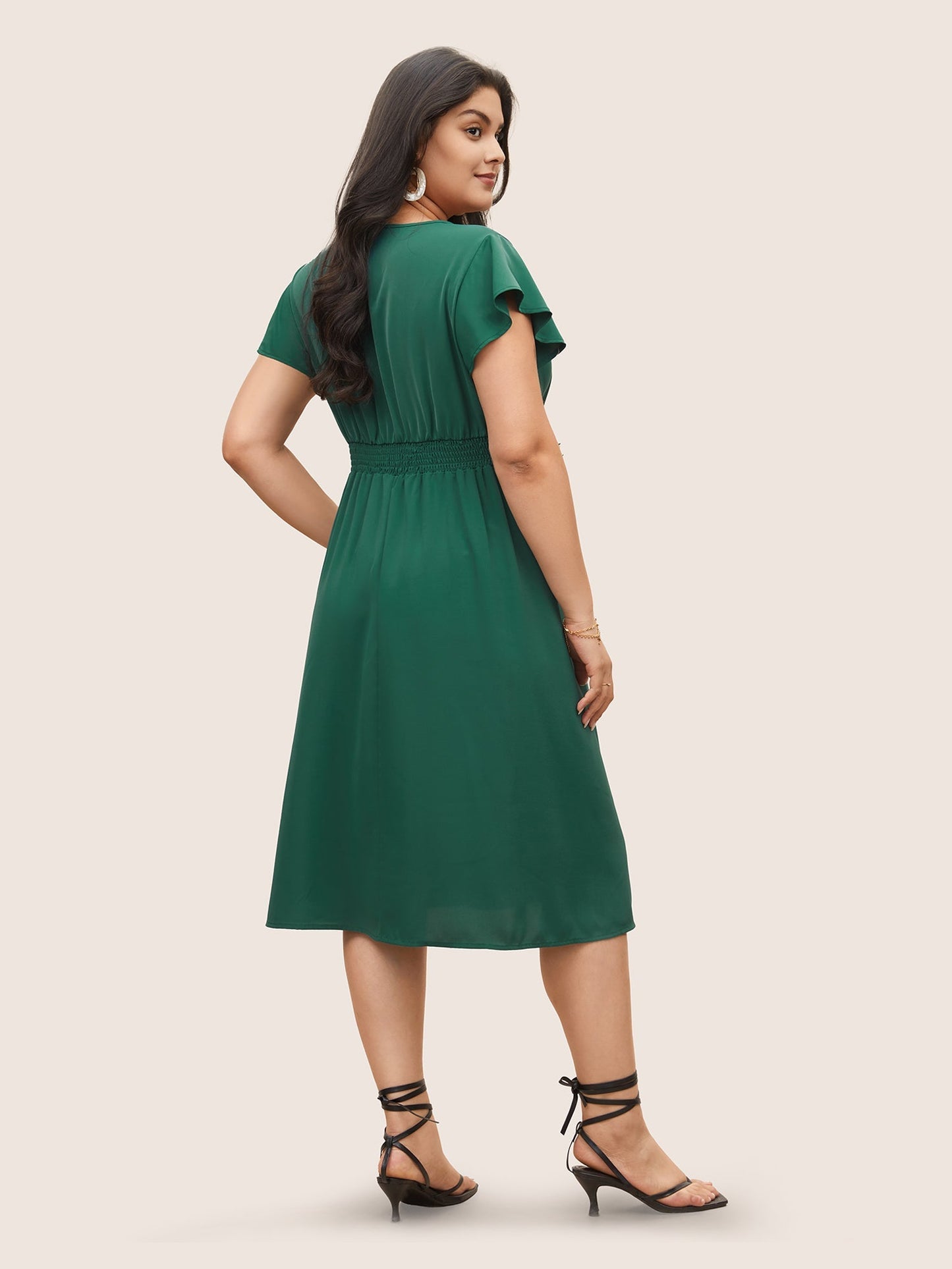 Overlap Collar Ruffle Cap Sleeve Gathered Dress