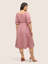 Square Neck Shirred Elastic Waist Ties Dress