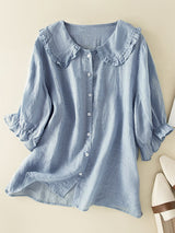 Cotton Linen Loose Peter Pan Ruffles Neck Shirt