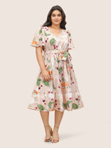 Fruits Print Elastic Waist Belted Pocket Dress