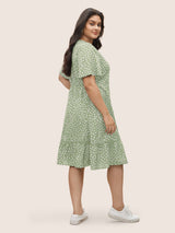 Polka Dot Button Detail Flutter Layered Hem Dress