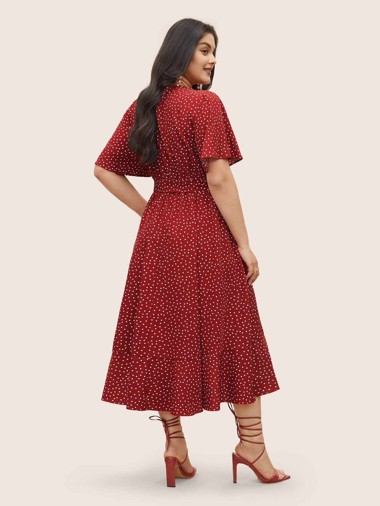 Polka Dot Surplice Neck Belted Arc Hem Dress