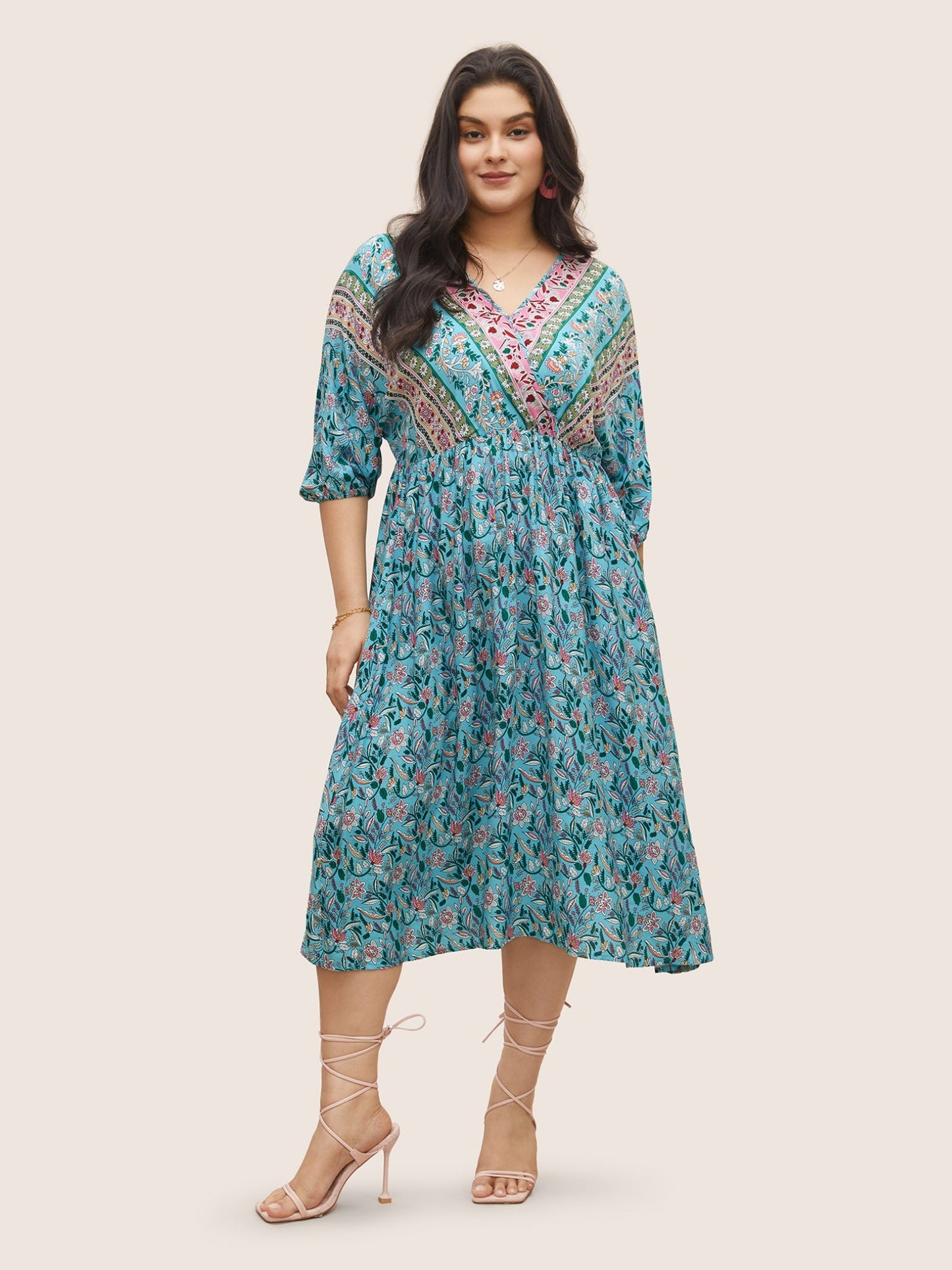 Boho Print Wrap Elastic Waist Lantern Sleeve Dress