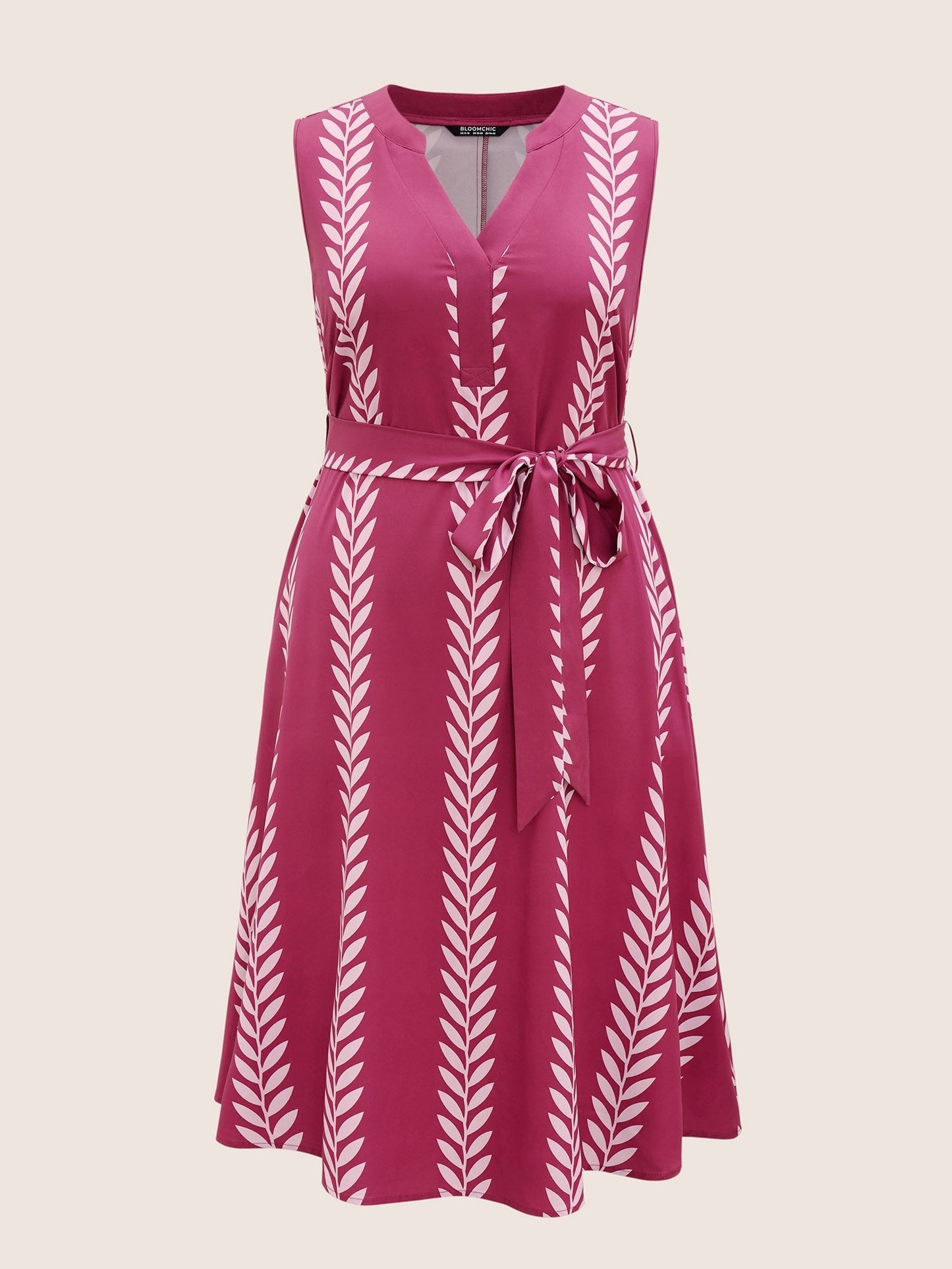 Boh Print Notched Sleeveless Belted Dress