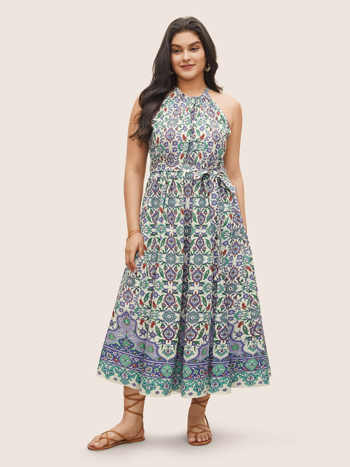 Boho Print Halter Gathered Belted Dress