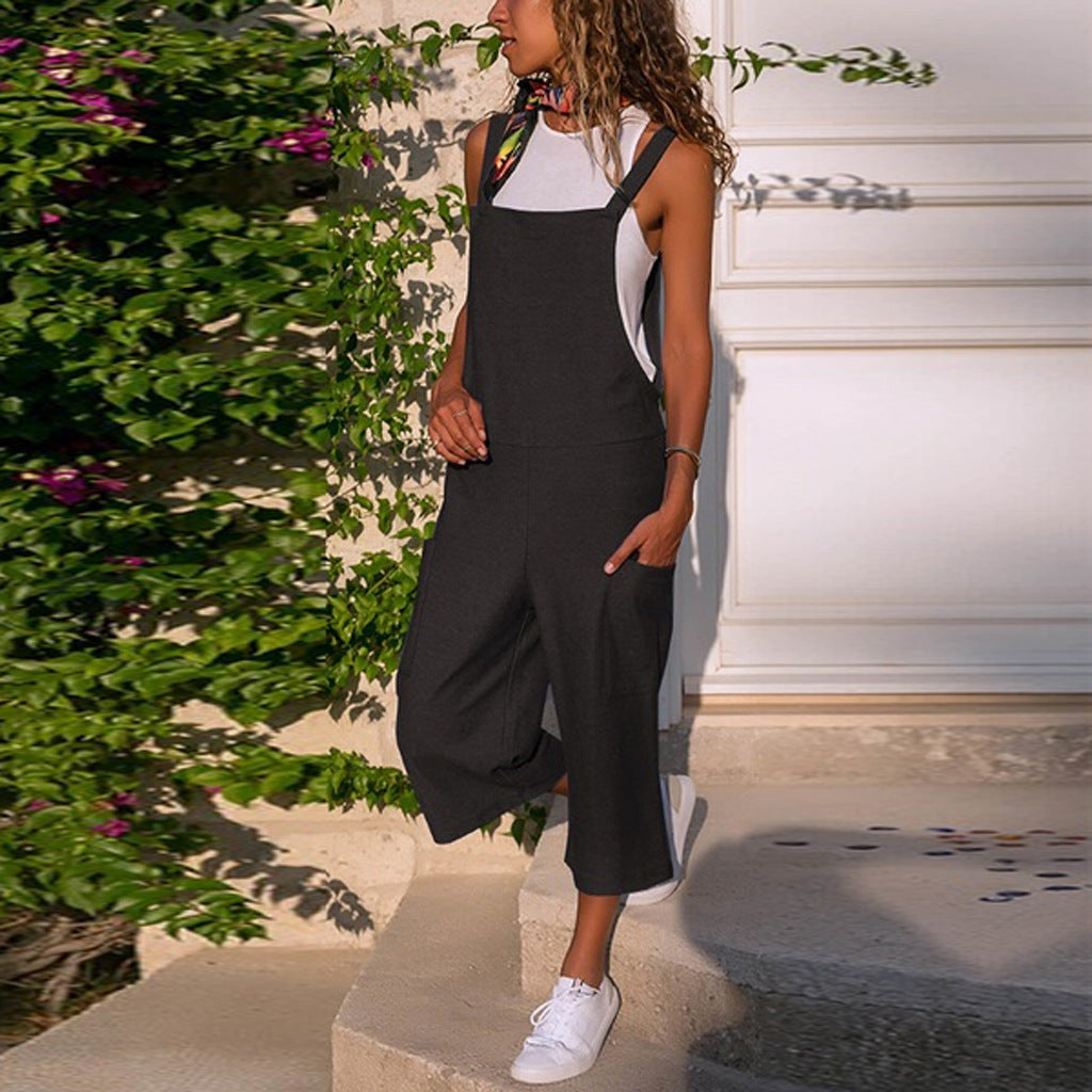 Cotton Linen Casual Loose Suspender Jumpsuit