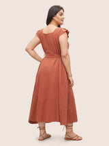 Solid Flounce Sleeve Plicated Detail Belted Dress