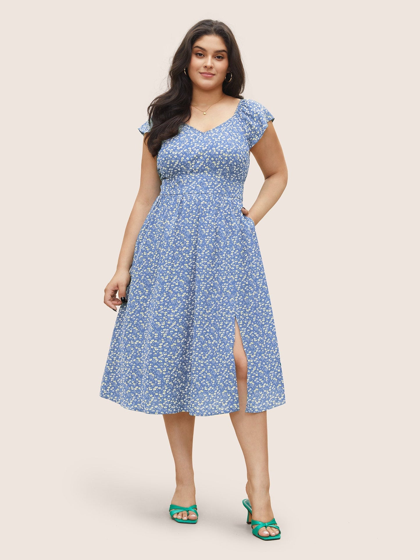 Ditsy Floral Shirred Elastic Waist Split Hem Dress