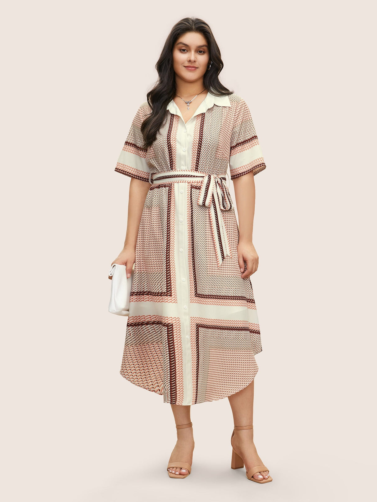 Geo Graphic Belted Curved Hem Shirt Collar Dress