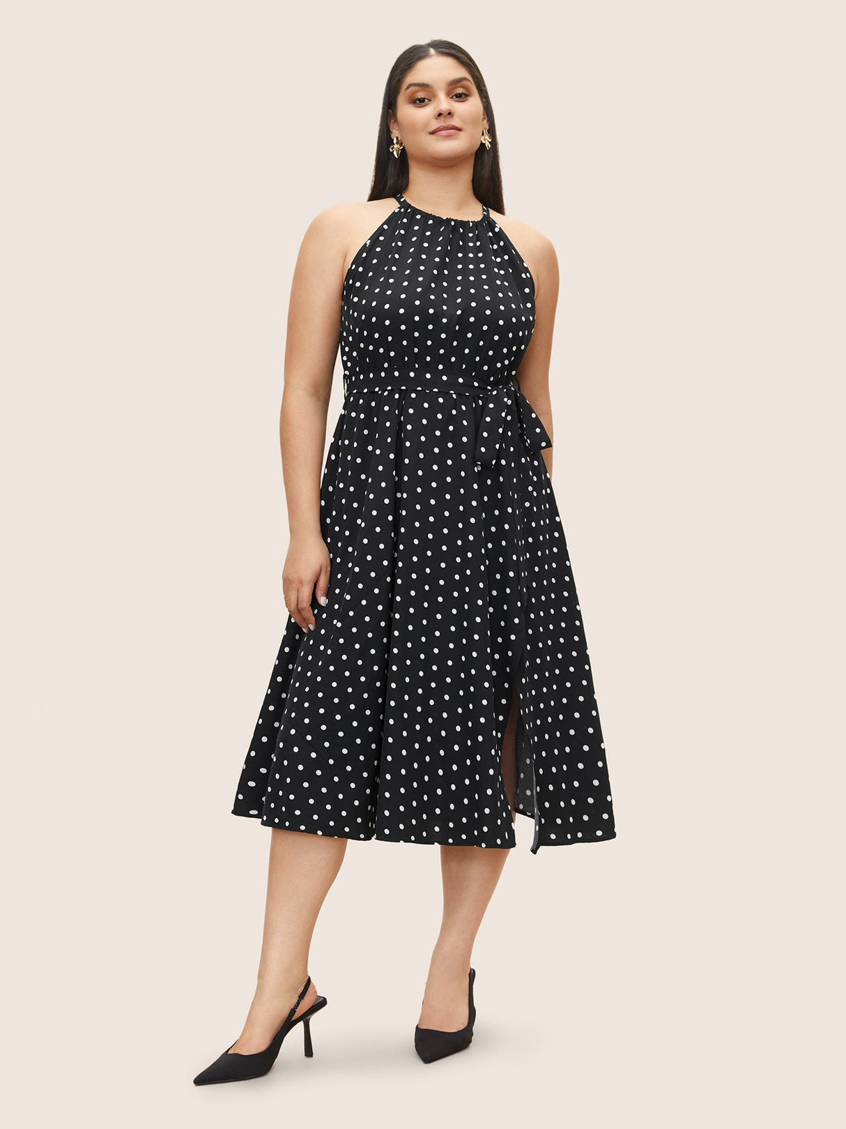 Polka Dot Halter Elastic Waist Belted Gathered Dress