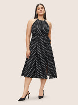 Polka Dot Halter Elastic Waist Belted Gathered Dress