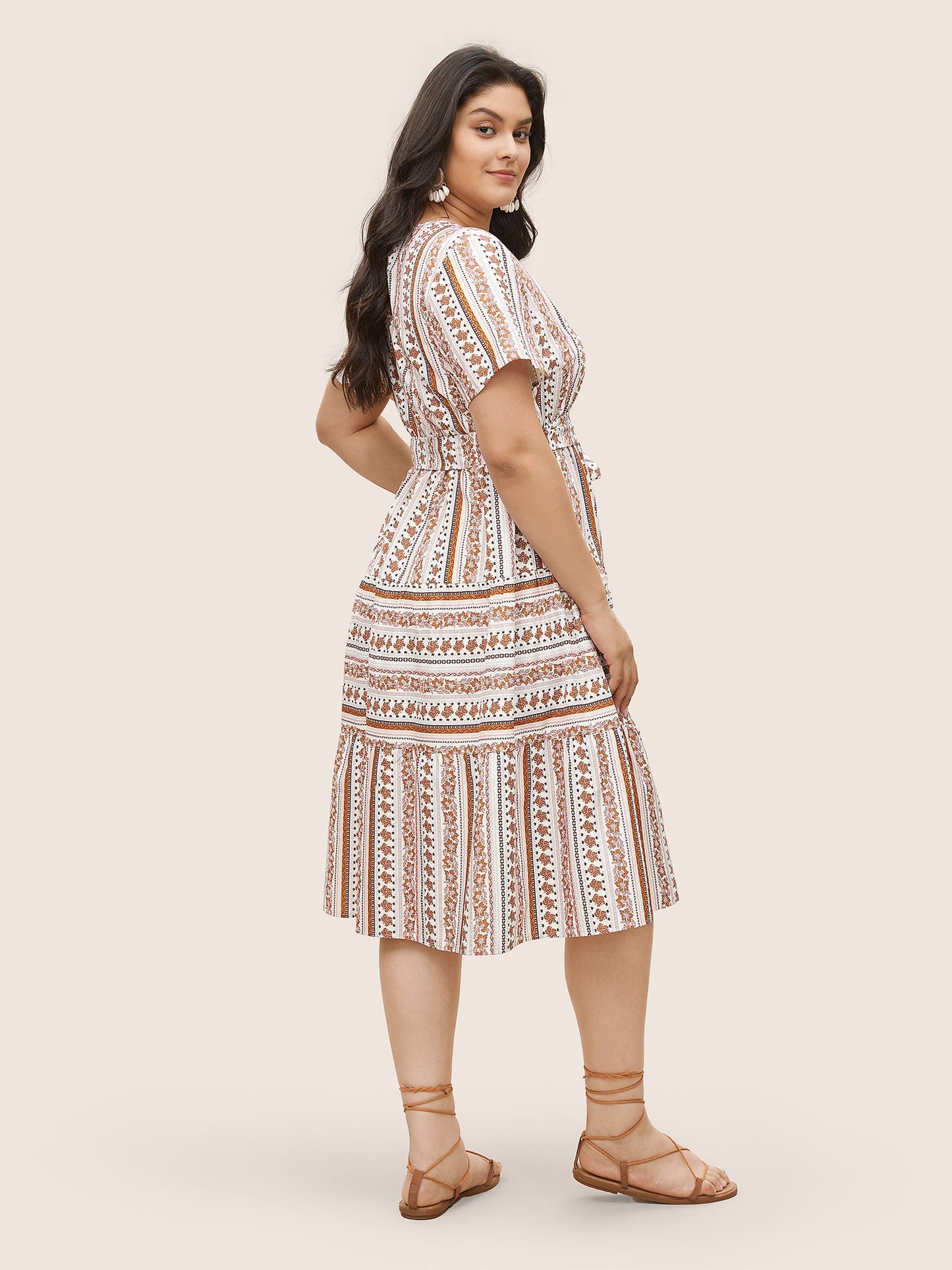 Bandana Striped Print Notched Belted Dress