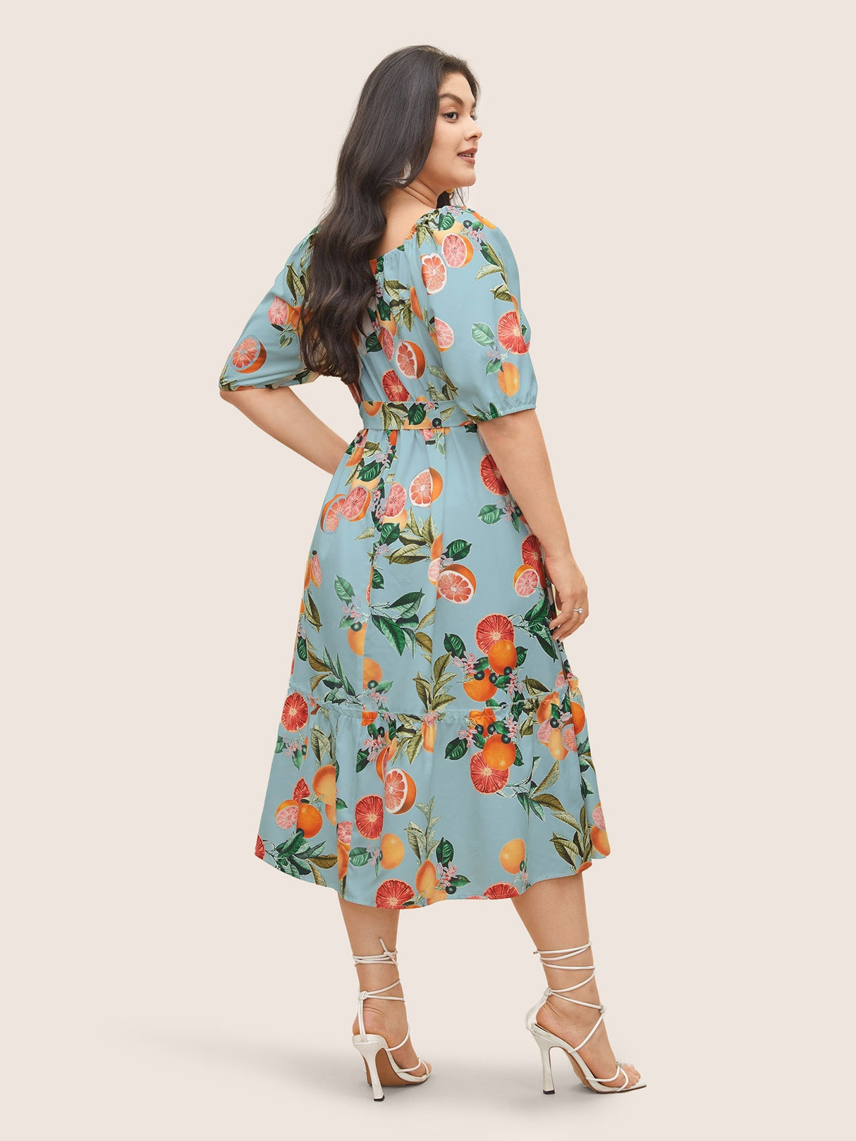 Grapefruits Print Belted Frill Trim Gathered Dress