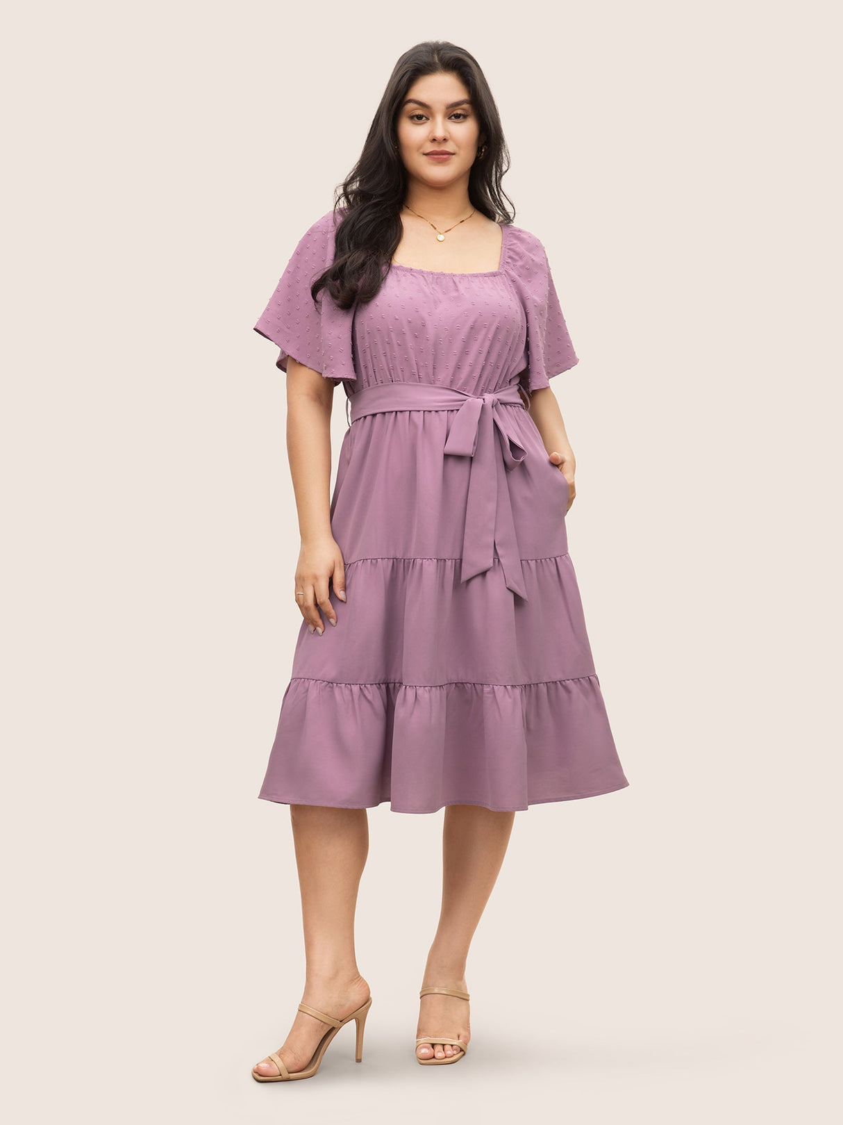 Plain Textured Ruffle Layered Hem Belted Dress