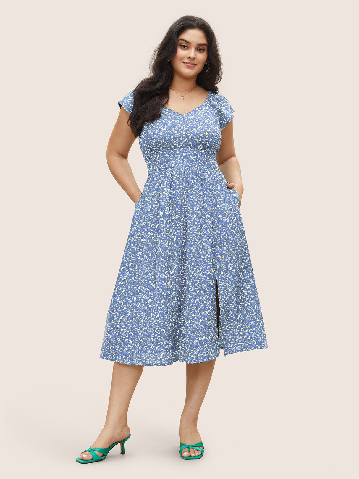 Ditsy Floral Shirred Elastic Waist Split Hem Dress