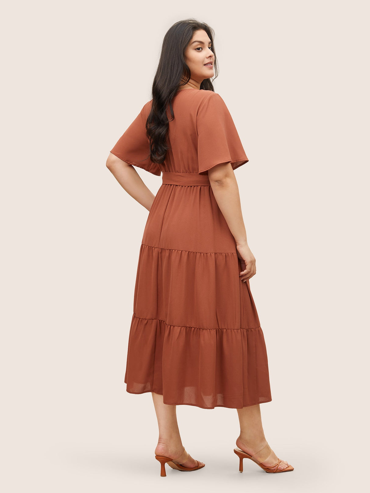 Hollow Out Belted Gathered Patchwork Hem Dress