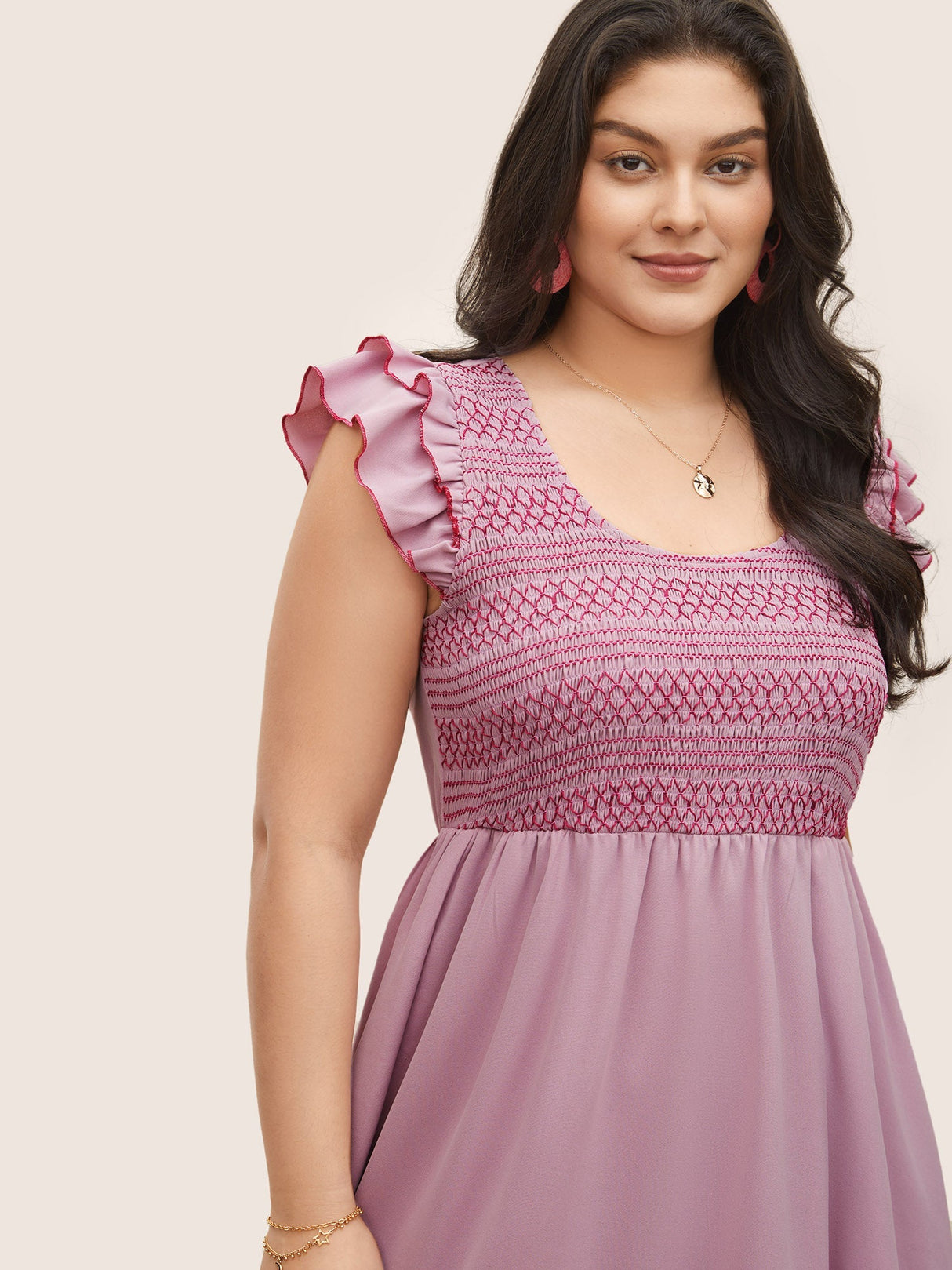 Plain Shirred Tiered Flounce Sleeve Dress