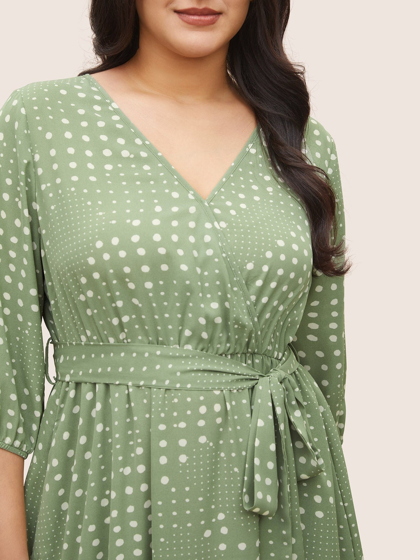 Polka Dot Overlap Collar Belted Lantern Sleeve Dress