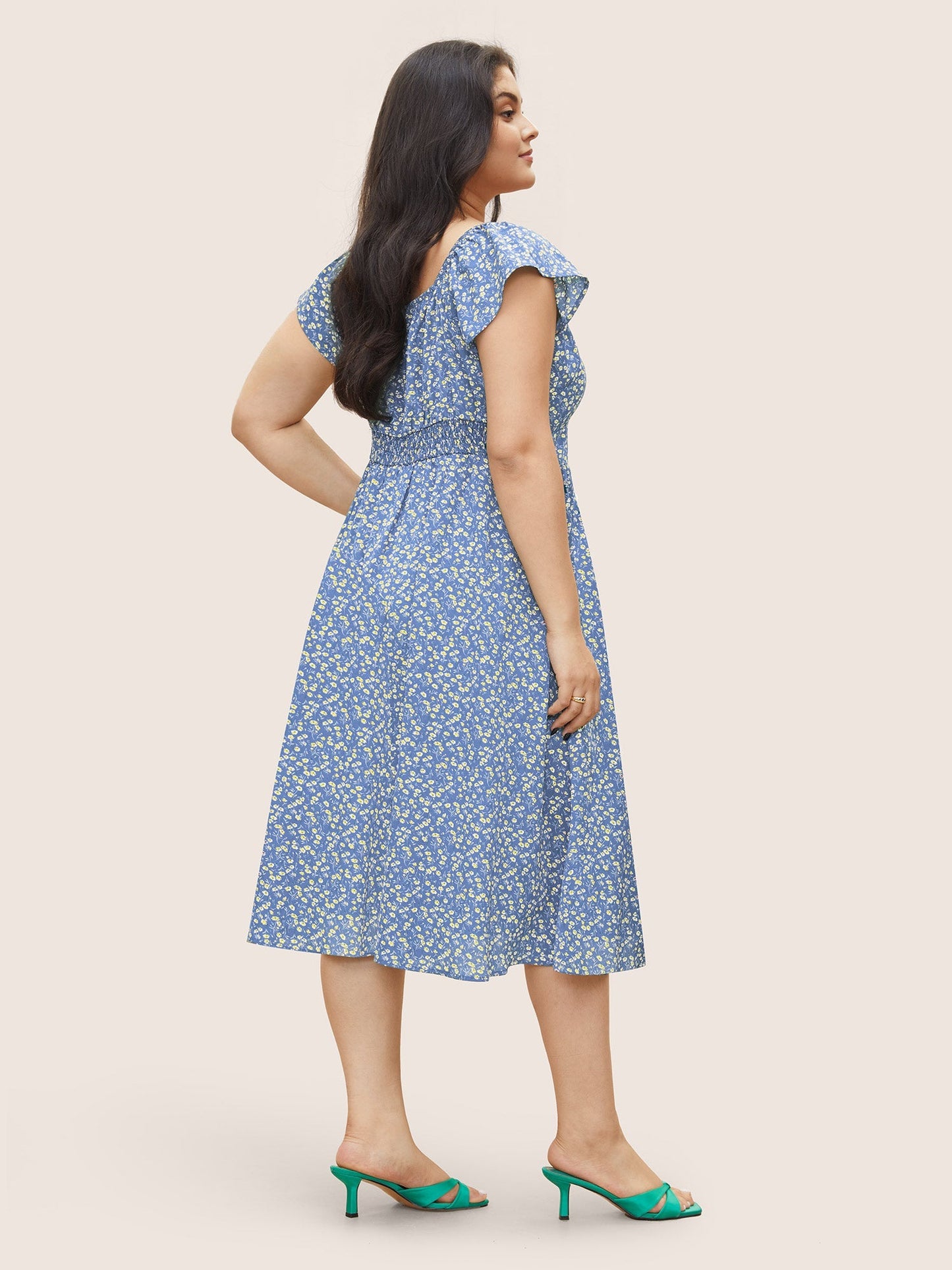 Ditsy Floral Shirred Elastic Waist Split Hem Dress