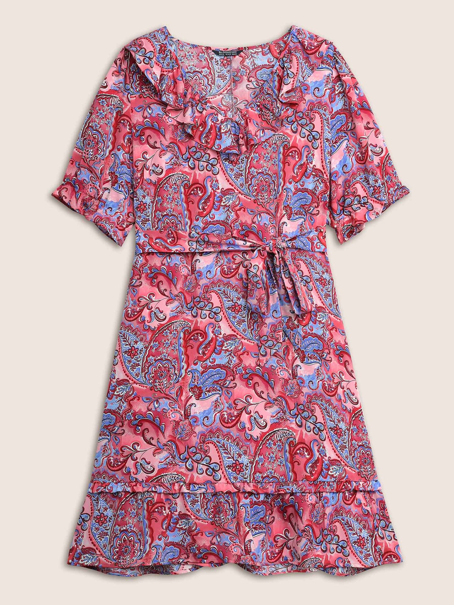 Paisley Print Belted Ruffle Trim Dress