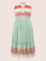 Striped Contrast Drawstring Knot Ties Dress