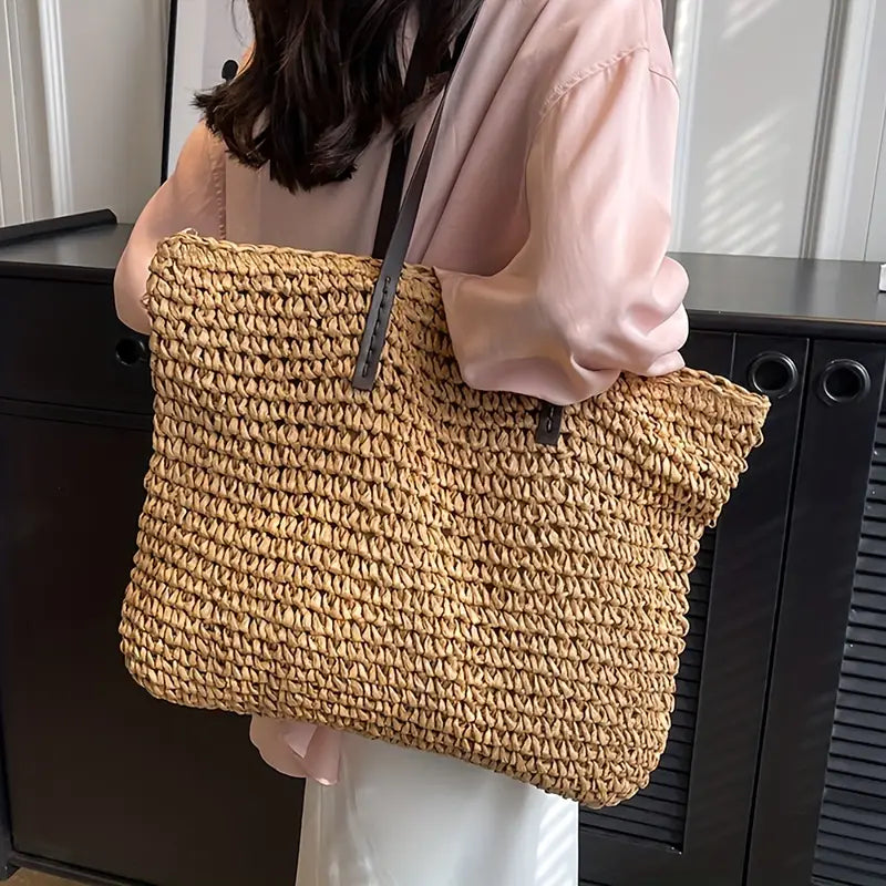 Tara - Woven carrier bag with leather straps