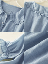 Cotton Linen Loose Peter Pan Ruffles Neck Shirt