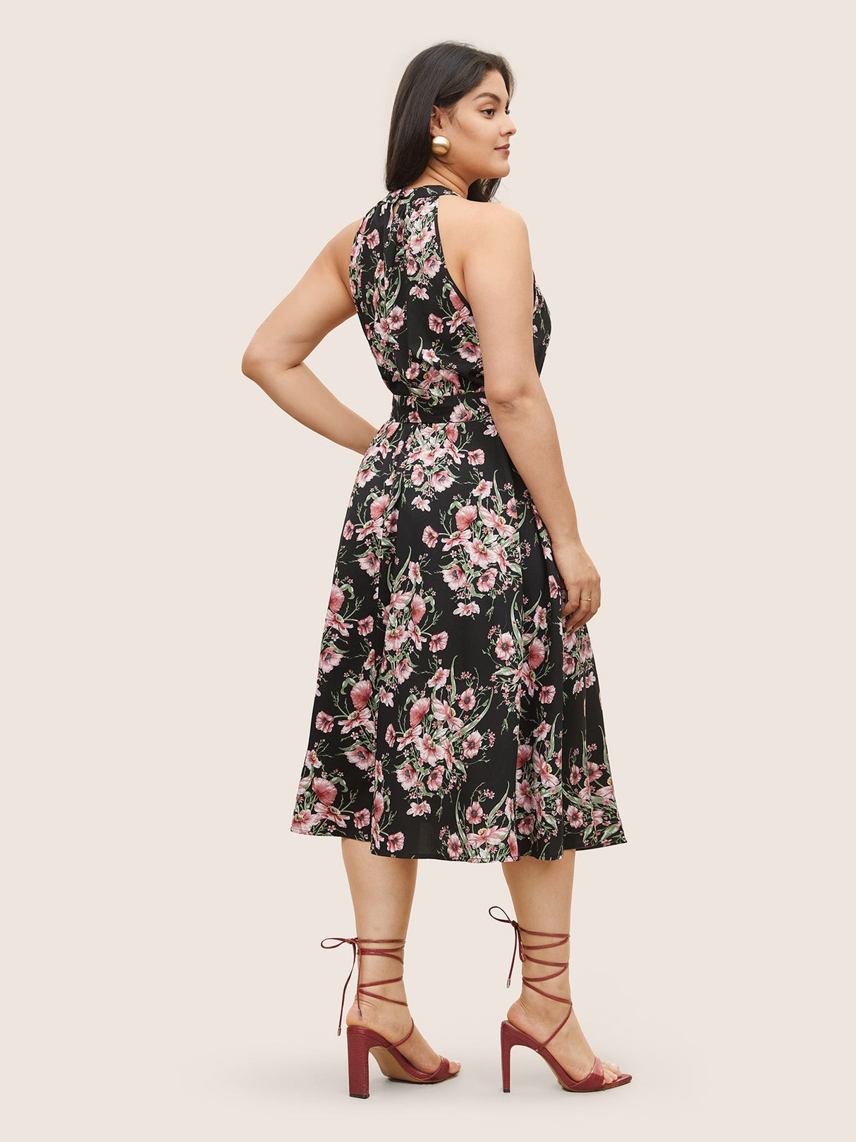 Floral Print Halter Elastic Waist Belted Dress