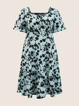 Silhouette Floral Print Knot Neck Flutter Hem Dress