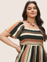 Patchwork Striped Shirred Pocket Dress